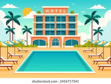 Hotel Vector Illustration of interior and exterior with building on green grass, beach and promenade street and palm trees in Flat Cartoon Background