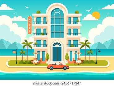 Hotel Vector Illustration of interior and exterior with building on green grass, beach and promenade street and palm trees in Flat Cartoon Background