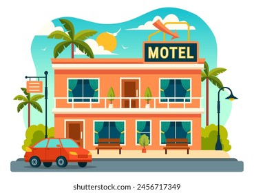 Hotel Vector Illustration of interior and exterior with building on green grass, beach and promenade street and palm trees in Flat Cartoon Background