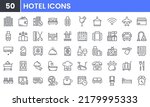 Hotel vector line icon set. Contains linear outline icons like Wifi, Bed, Shower, Room, Bath, Pool, Restaurant, Service, Plane, TV, Air, Bag, Gym, Luggage, Travel, Date. Editable use and stroke.