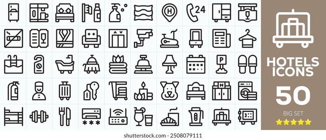 Hotel vector line icon set. Contains linear outline icons like Wifi, Bed, Shower, Room, Bath, Pool, Restaurant, Service, Plane, TV, Air, Bag, Gym, Luggage, Travel, Date. Editable use and stroke.