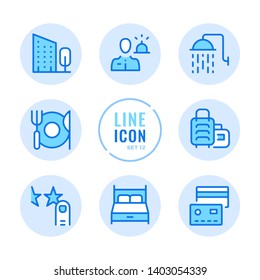 Hotel vector line icons set. Booking, room reservation, bed, shower, hotel amenities outline symbols. Modern simple stroke graphic elements. Round icons