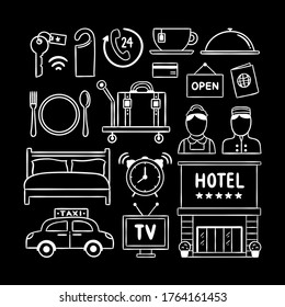 Hotel vector set. Hand drawn hotel icon collection. Travelling hotel service symbols. Vacation accommodation outline doodles