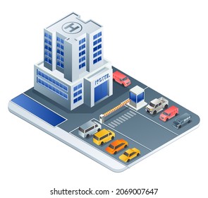 Hotel view and parking lot in isometric illustration