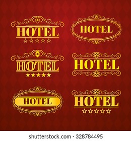 Hotel vintage golden labels, elegant luxury business logo, vector illustration