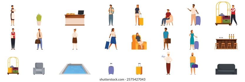 Hotel visitor icons set. Hotel employees catering to guests needs, offering luggage assistance, and ensuring a comfortable stay