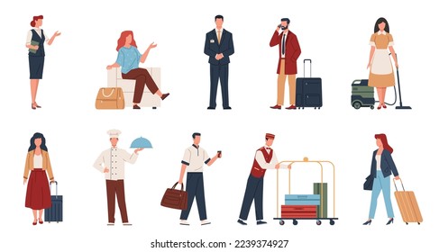 Hotel visitors and staff. Travelers, guests with luggage, pending placements people, professional maid, receptionist, security guard, cartoon flat isolated characters, nowaday vector set