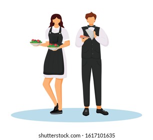 Hotel waiters in uniform flat color vector illustration. Food catering service. Waitress holding vegetable salads. Restaurant workers with dishes isolated cartoon characters on white background