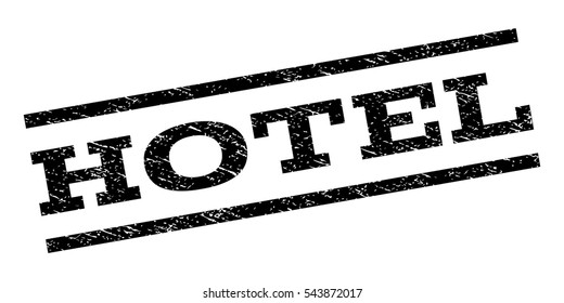 Hotel watermark stamp. Text caption between parallel lines with grunge design style. Rubber seal stamp with unclean texture. Vector black color ink imprint on a white background.