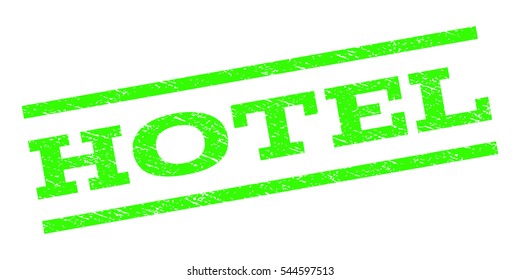 Hotel watermark stamp. Text caption between parallel lines with grunge design style. Rubber seal stamp with dirty texture. Vector light green color ink imprint on a white background.