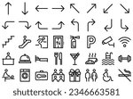 Hotel way finding line icon set. Reception desk, bell, restaurant, bar, cafe, swimming pool, gym, spa, laundry, luggage storage, wi-fi, meeting room outline symbols. Editable stroke. Vector graphics