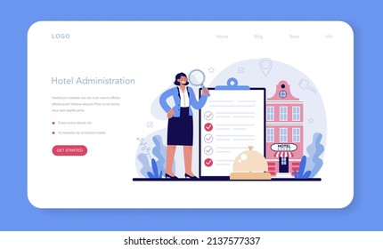 Hotel web banner or landing page. Tourism service, professional hotel stuff servicing tourists. Booking apartment for vacation abroad. Flat vector illustration