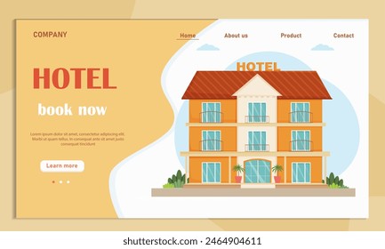 Hotel web banner or landing page. Tourism service. Booking apartment for vacation or business trip. Flat vector illustration with hotel building. 