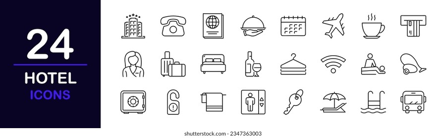 Iconos web del hotel establecidos. Hotel y vacaciones - simple colección de iconos de línea delgada. Consta de servicios de hotel, relax, viajes, servicio, habitación, reserva, instalaciones y más. Conjunto simple de iconos web