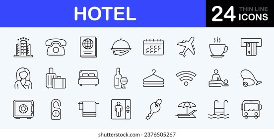 Hotel web icons set. Hotel and vacation - simple thin line icons collection. Containing hotel services, relax, travel, service, room, booking, facilities and more. Simple web icons set