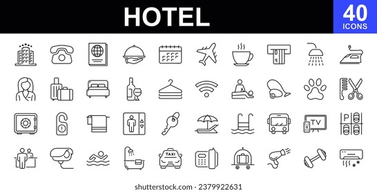 Iconos web del hotel establecidos. Hotel y vacaciones - simple colección de iconos de línea delgada. Consta de servicios de hotel, relax, viajes, servicio, habitación, reserva, instalaciones y más. Conjunto simple de iconos web