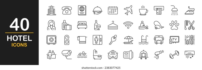 Hotel web icons set. Hotel and vacation - simple thin line icons collection. Containing hotel services, relax, travel, service, room, booking, facilities and more. Simple web icons set