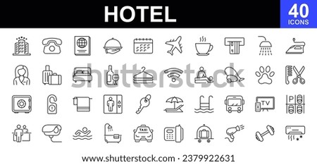 Hotel web icons set. Hotel and vacation - simple thin line icons collection. Containing hotel services, relax, travel, service, room, booking, facilities and more. Simple web icons set