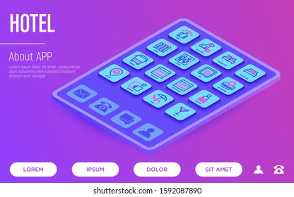 Hotel web page template with copy space. Buttons on tablet with thin line isometric icons. Rating, pet allowed, elevator, arrival date, departure date, heating, reception, wi-fi. Vector illustration