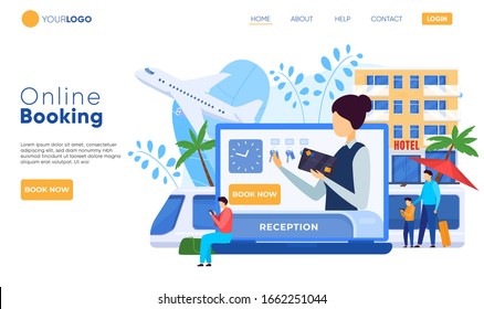 Hotel website design, online booking service, vector illustration. Room reservation and registration online, people booking hotel accommodation on website. Tourists check in service, reception desk