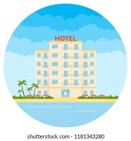 Hotel, a white hotel on the beach. Resort hotel. Flat design, vector illustration, vector.