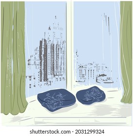 Hotel window with green curtains. Delicate tones. There are two pillows with unique patterns on the windowsill.
View of a beautiful building.
