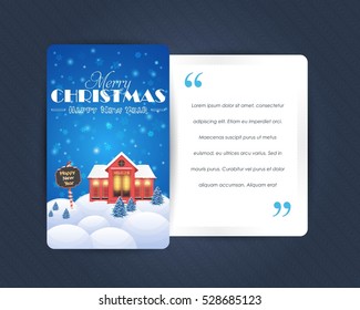 Hotel and Winter Lanscape and Text Section with Happy New Year Greeting Card Design, Merry Christmas Concept Celebration Messages and Postcard, Flyer, Poster Template or Web Banner Vector Illustration
