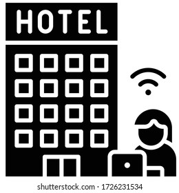Hotel with woman and laptop, work from hotel vector illustration