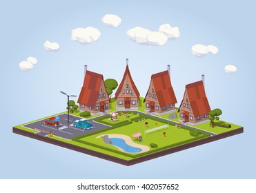 Hotel with the wooden cabins and the recreation area. 3D lowpoly isometric vector concept illustration