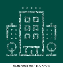 hotel word cloud. word cloud of hotel shape can be use for blog.