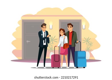 Hotel worker giving apartment key to guests with bags in hand vector illustration. Family standing in corridor in front of entrance doors, tourist character booking room for holidays and travel.