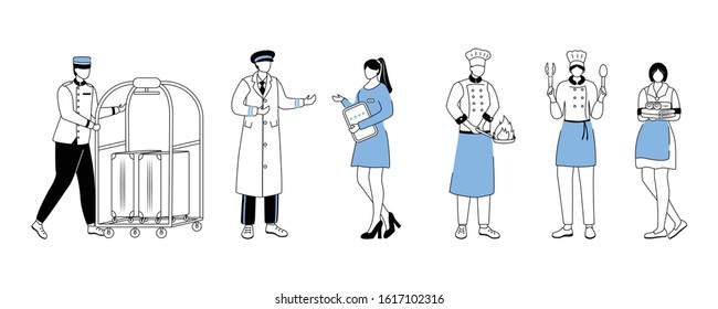 Hotel workers flat vector illustration. Porter with luggage cart, resort manager. Doormen, chefs with cooking utensils. Maid, room attendant. Service stuff cartoon character with outline on white