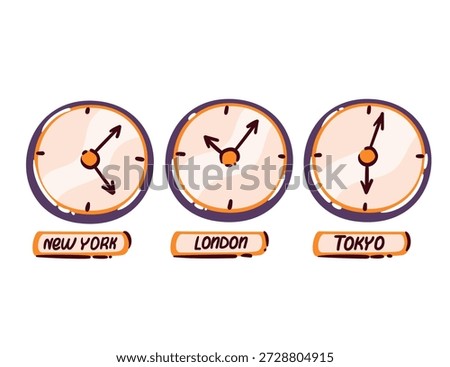Hotel world time clocks showing New York, London and Tokyo, global hospitality and international hotel service concept for reception and business travel, vector cartoon doodle illustration