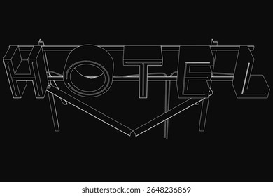 Hotel escrito em negrito texto branco sobre um fundo preto, criando um contraste impressionante. A fonte moderna e a composição centralizada enfatizam uma estética contemporânea minimalista.