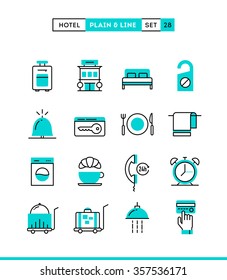 Hotel,accommodation, room service, restaurant and more. Plain and line icons set, flat design, vector illustration