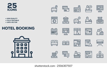 Hotelbooking set of 25 outline icons related to Fitness. Linear icon collection. Editable stroke. Vector illustration