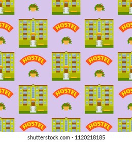 Hotels buildings tourist travelers places vacation time apartment urban town facade seamless pattern background vector illustration.