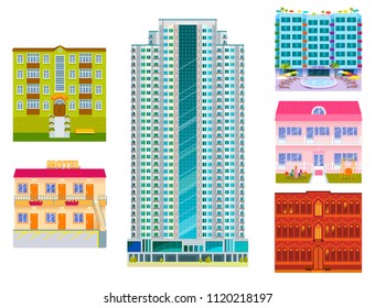 Hotels buildings tourist travelers places vacation time apartment urban town facade vector illustration.