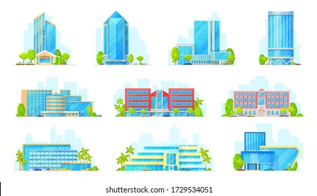 Hotels and business center buildings exterior isolated vector icons. Cartoon commercial and coworking center objects, modern city real estate skyscrapers and residential buildings, resort apart-hotels