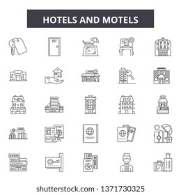 Hotels and motels line icons, signs set, vector. Hotels and motels outline concept, illustration: hotel,motel,travel,room,bed