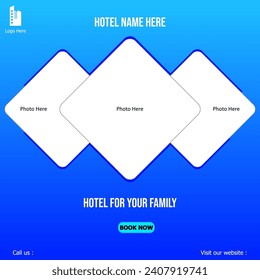 Hotels Social Media post backgrounds in blue color. Digital marketing poster to reach customer.