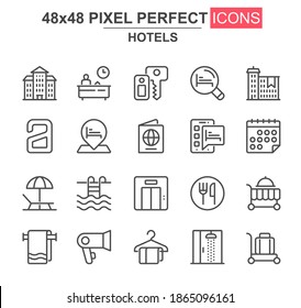 Hotels thin line icon set. Receptionist, towel, restaurant, shower, luggage, key, room service, pool unique icons. Outline vector bundle for UI UX design. 48x48 pixel perfect linear pictogram pack.