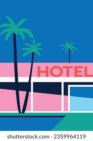 Hotels vector illustration, flat cartoon hotel in paradise and large landscape with palm trees and swimming pool, landscape view