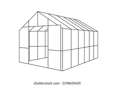 Hothouse linear silhouette isolated on white background. Greenhouse isometric view. Linear shape farm building. Outline plant growing architecture glass house. Frame flower garden metal construction