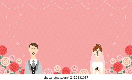 hotizontal background with bride and groom and roses