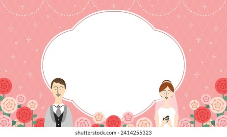 hotizontal frame with bride and groom and roses