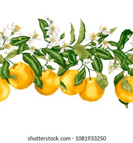Hotizontal seamless pattern line of citrus fruit tree with bloomimg flowers and fruits in vector graphic elegant style with bright orange fruits