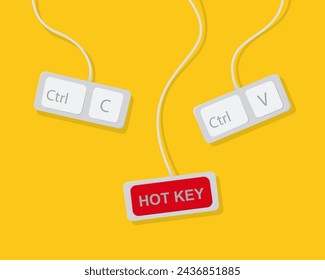 Hotkey. Keyboard shortcuts. Shortcut key. Hotkey combination. Ctrl C, Ctrl V, Ctrl S, copy paste.Computer keyboard and wires. Vector illustration.	