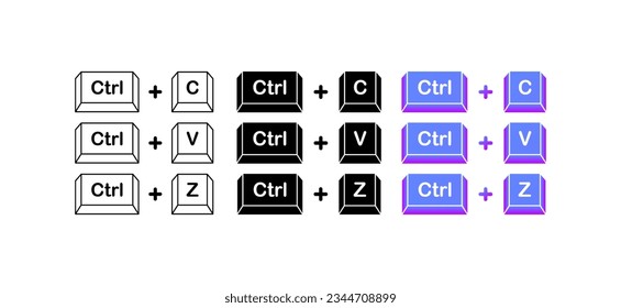 Hotkeys. Different styles, color, hotkey copy, paste, restore. Vector illustration