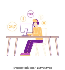 Hotline Call Center Customer Service Character in Headset Work on Computer. Operator and Client Communication, Technical Support Specialist Solve Client Problems Online. Linear Vector Illustration